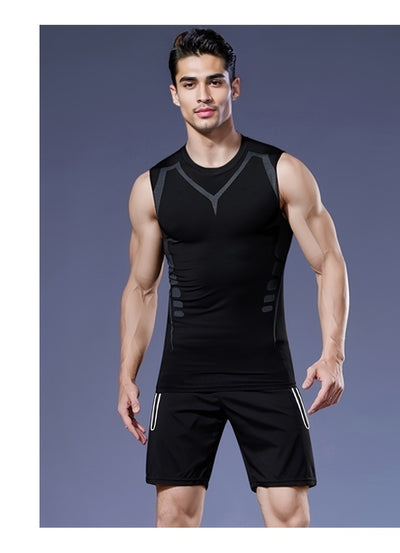 5pcs Men's Athletic Set - Polyester & Spandex Blend, High Stretch Knit Fabric, Hooded Zip-Up Jacket, Printed Sports Vest, Compression Long Sleeve Top, Shorts & Leggings for Running, Basketball, Training - Four Seasons Workout