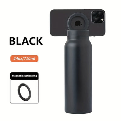 1pc Stainless Steel Insulated Water Bottle with Car Cup Holder & Phone Stand - Thick, Durable for Outdoor Sports