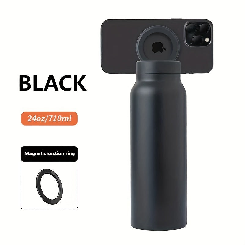 1pc Stainless Steel Insulated Water Bottle with Car Cup Holder & Phone Stand - Thick, Durable for Outdoor Sports