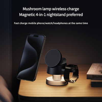 Mushroom lamp 15W Fast charger Magnetic 4-in-1 wireless charger nightstand preferred Fast charge mobile phone/watch/headphones at the same time
