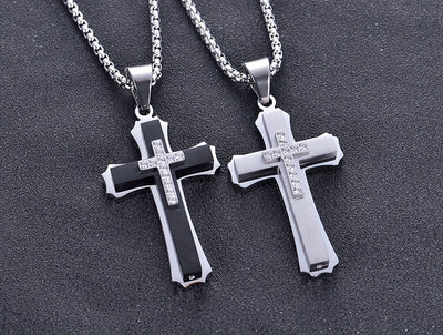 Alpaca Men's 202 Stainless Steel Multi-Layer Cross Pendant Necklace with Black Enamel & Accents - Edgy Modern Design for Festive Occasions, Parties, Music Festivals - Year-Round Versatile Jewelry, Festival Necklace, Intricate