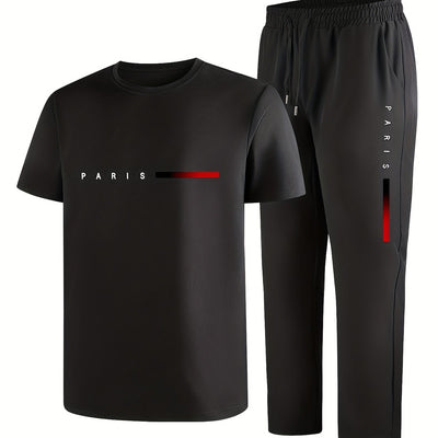 Men'S Casual Sports Two-Piece Set Short Sleeve Top Straight Leg Pants with Paris Print, Fashionable And Trendy, Ideal for Summer, Parties, Casual Outings, And Everyday Wear, Everyday Wear|Short Sleeve Top|Print Trousers