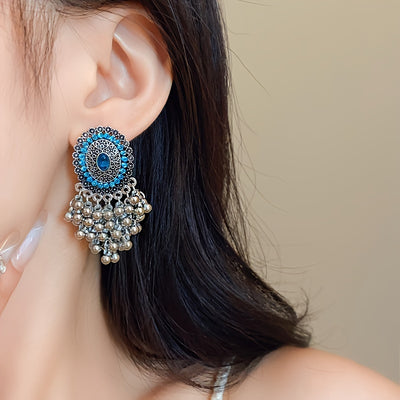 Elegant Court-Style Rhinestone Tassel Earrings - Stainless Steel Posts, Alloy with Sparkling Gems for Parties & Banquets