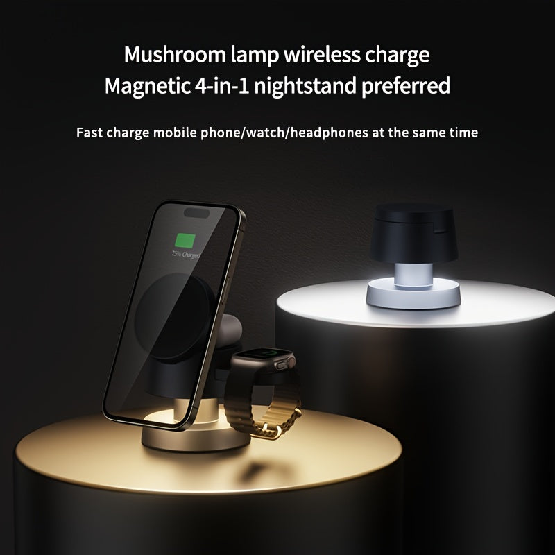 Mushroom lamp 15W Fast charger Magnetic 4-in-1 wireless charger nightstand preferred Fast charge mobile phone/watch/headphones at the same time