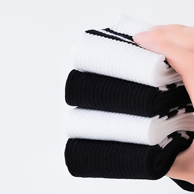 10/20 Dual-Striped Long Socks for Men And Women - Made from Breathable Polyester Knit Fabric, Casual Sports Style, Hand Wash/Dry Clean, Available in Black/White.