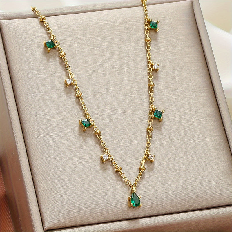 Cute Minimalist Green Zirconia Pendant Necklace Plated with