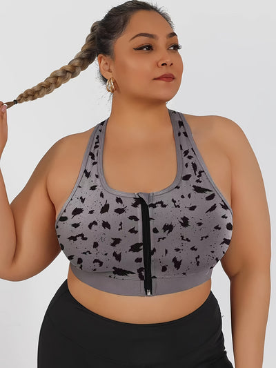 Women's High-Impact Sports Bra with Front Zipper & Removable Pads - Leopard Print Design, High-Elasticity Fabric, Round Neck for Yoga, Running, Gym - Machine Washable, Yoga Accessories, Elegant Sportswear, Durable Sportswear