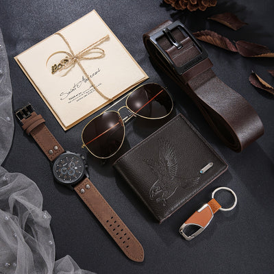 7pcs Business Casual Stylish Men's Watch Set + Fashion Glasses + Wallet + Belt, etc., Perfect Gift for Father's Day Teacher's Day Thanksgiving