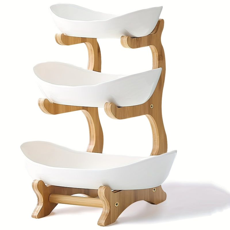 2/3-Tier Fruit Basket with Wooden Stand - Kitchen Organizer for Fruits & Vegetables,Home decor,fruit basket for kitchen counter,Large-Capacity Layered Fruit Basket,European-Style Dried Fruit Tray, Bamboo Wooden Rack Household