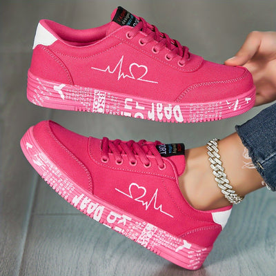 Women's Heart Pattern Canvas Shoes, Casual Lace Up Outdoor Shoes, Comfortable Low Top Sneakers