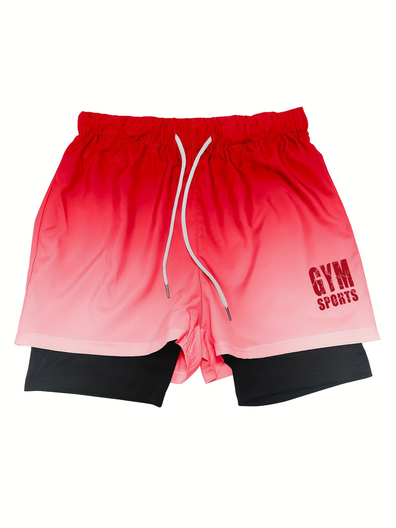 2-in-1 Double Layer Ombre Shorts - High Stretch, Drawstring Waist, Side Pocket, Breathable, Quick-Drying, Comfortable, Mens Sports Shorts for Summer Gym Workout, Training, and Fitness - GYM Pattern Print, Bull Design