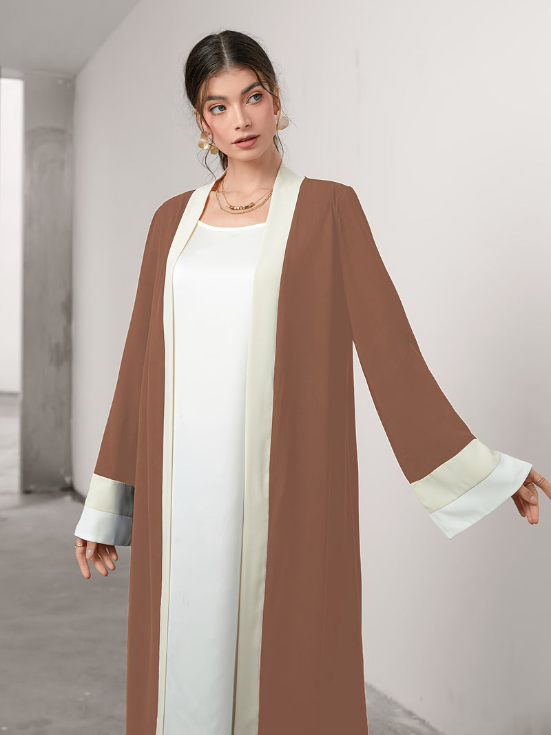 Cozy Comfort, Elegant Black and Cream Long Robe with Ruffle Sleeves - Polyester, Machine Washable, Casual Style for Women - Perfect for Spring/Summer/Fall