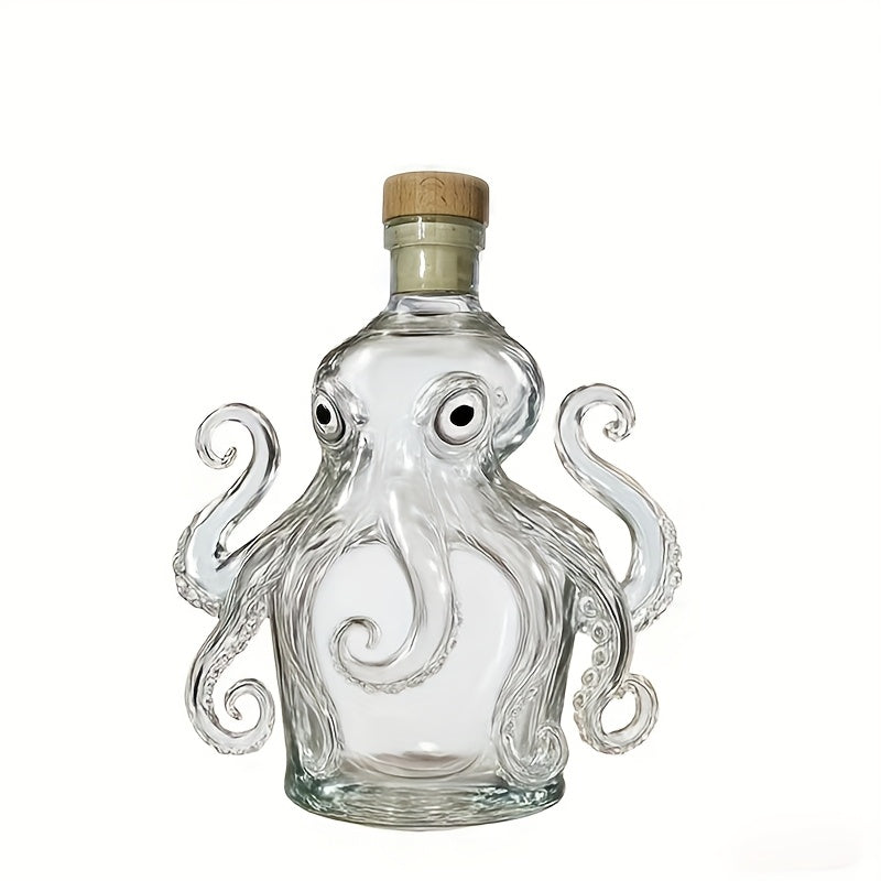 Octopus-Shaped Wine & Whiskey Decanter with Reusable Glass Cup - 300ml Elegant Squid Design with Tentacle Stopper, Clear Glass Mini Portable Bottle for Home, Parties, Halloween & Christmas Gifts - Durable Glass Construction,