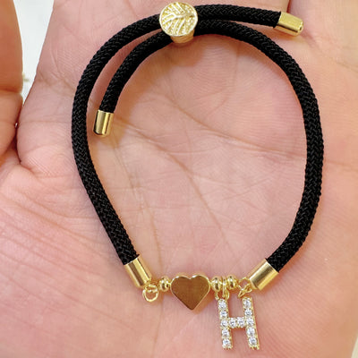 18K Golden Plated Heart Charm Bracelet with Synthetic Zirconia Letter Pendants A-Z, Simple Classic Black Polyester Cord, Adjustable for Daily Wear and Gift-Giving