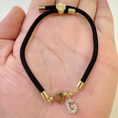 18K Golden Plated Heart Charm Bracelet with Synthetic Zirconia Letter Pendants A-Z, Simple Classic Black Polyester Cord, Adjustable for Daily Wear and Gift-Giving