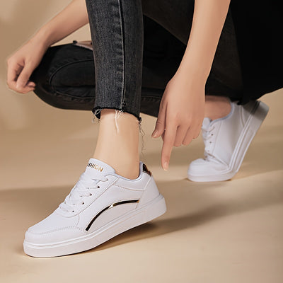 Women's All-Match White Skate Shoes, Casual Round Toe Lace Up Sneakers, Comfortable Low Top Flat Sports Shoes
