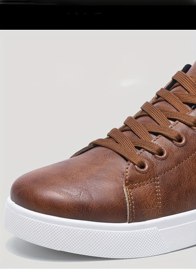 Men's Solid Lace-up Skateboard Shoes With PU Leather Uppers, Fashion Comfortable Non-slip Outdoor Shoes Walking Jogging Sneakers