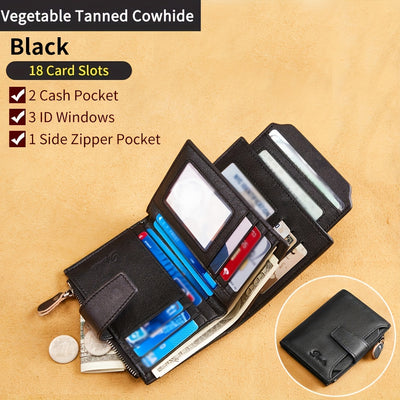 Vintage Men's Top Layer Cowhide Wallet RFID Anti-theft Card Holder Large Capacity 18 Card Slots Zipper Wallet Can Hold Coins Mobile Card Holder Can Hold Driver's License, 2 Large Banknote Slots