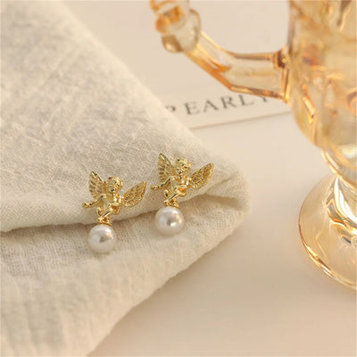 Fashion Cute Cupid Angel Stud Earrings For Women Elegant Retro French Gold Color Angel Pearl Earring Girls Party Jewelry Gifts