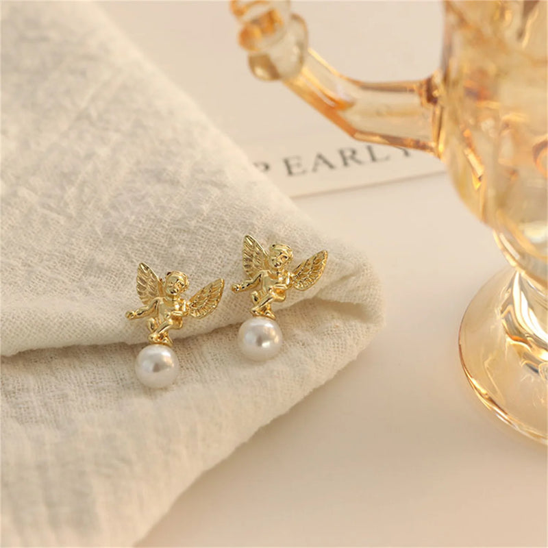 Fashion Cute Cupid Angel Stud Earrings For Women Elegant Retro French Gold Color Angel Pearl Earring Girls Party Jewelry Gifts