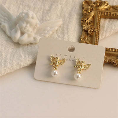 Fashion Cute Cupid Angel Stud Earrings For Women Elegant Retro French Gold Color Angel Pearl Earring Girls Party Jewelry Gifts