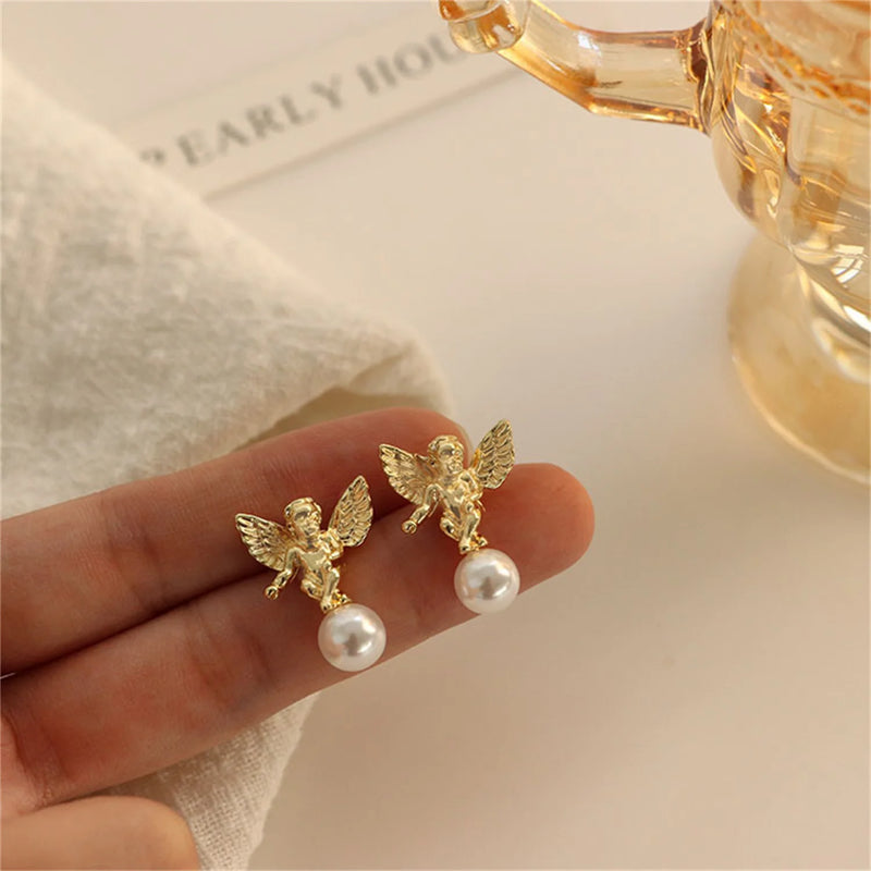 Fashion Cute Cupid Angel Stud Earrings For Women Elegant Retro French Gold Color Angel Pearl Earring Girls Party Jewelry Gifts