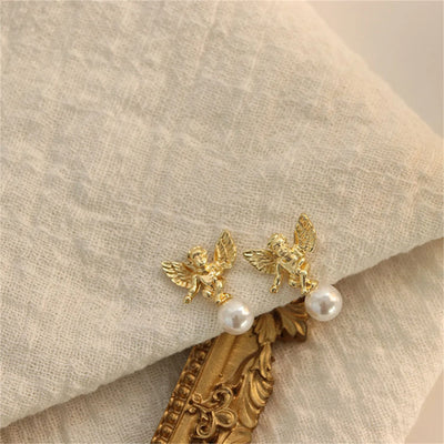Fashion Cute Cupid Angel Stud Earrings For Women Elegant Retro French Gold Color Angel Pearl Earring Girls Party Jewelry Gifts