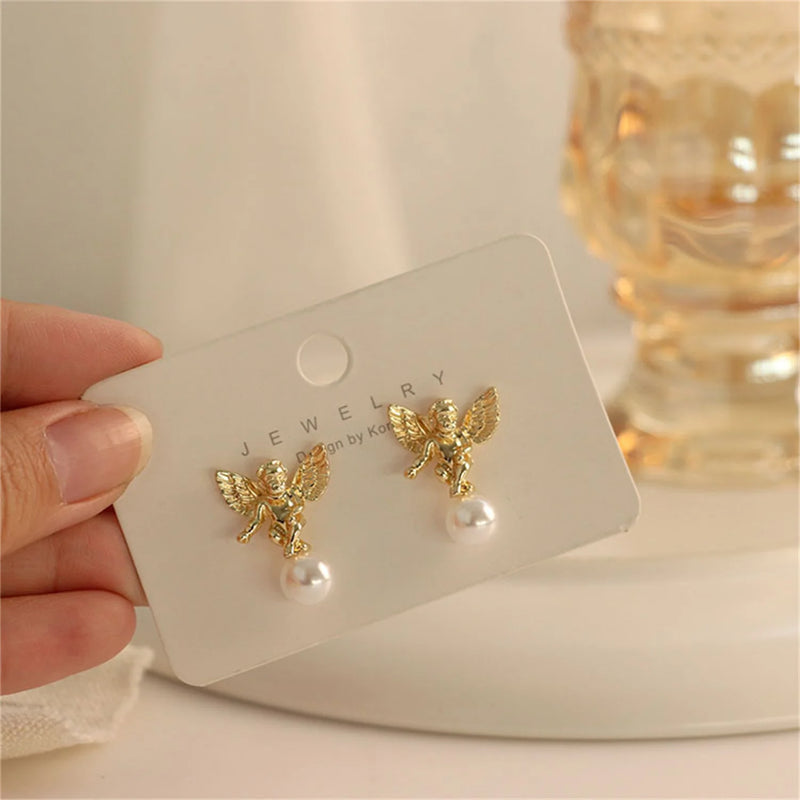 Fashion Cute Cupid Angel Stud Earrings For Women Elegant Retro French Gold Color Angel Pearl Earring Girls Party Jewelry Gifts