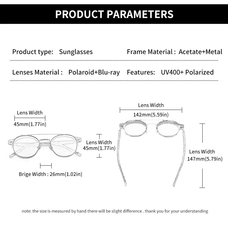 نظارات شمسية GCV ذات طبقتين وعدسات قابلة للإزالة، نظارات بلو راي، أسيتات، قوطي، ريترو، ستيم بانك، مستقطبة، للرجال والنساء، بدون نظارات شمسية