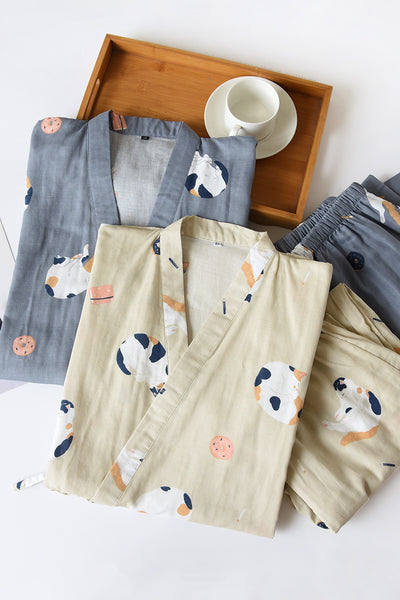 بيجامات كيمونو جديدة على الطراز الياباني مكونة من قطعتين للرجال والنساء من القطن الخالص والشاش اللطيف والقطط الرقيقة خدمة منزلية بمقاسات كبيرة