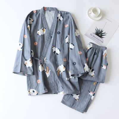 بيجامات كيمونو جديدة على الطراز الياباني مكونة من قطعتين للرجال والنساء من القطن الخالص والشاش اللطيف والقطط الرقيقة خدمة منزلية بمقاسات كبيرة