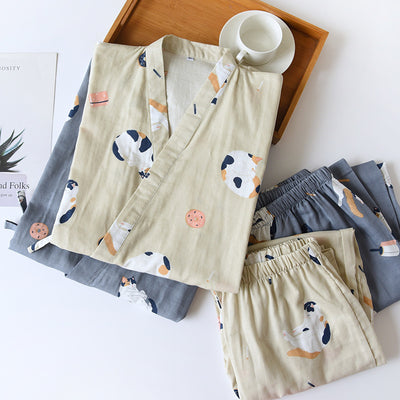 بيجامات كيمونو جديدة على الطراز الياباني مكونة من قطعتين للرجال والنساء من القطن الخالص والشاش اللطيف والقطط الرقيقة خدمة منزلية بمقاسات كبيرة