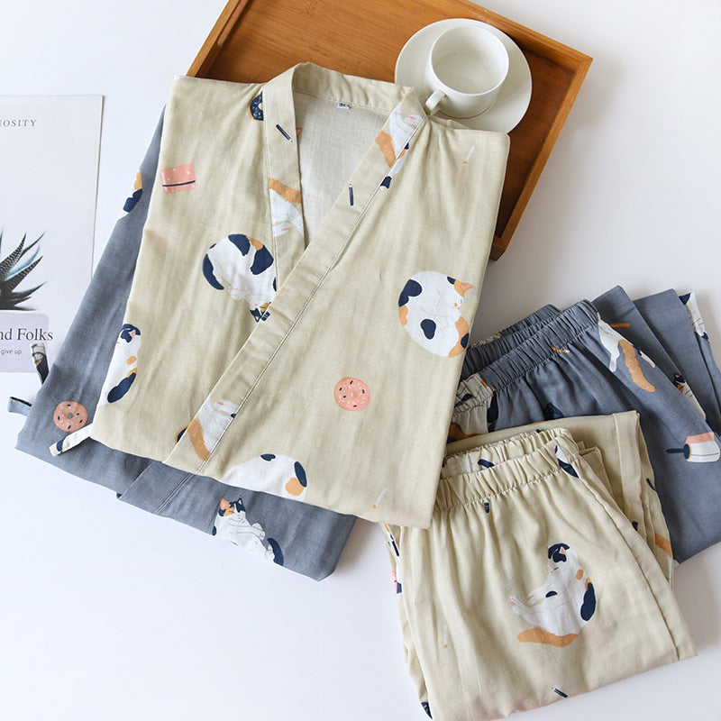 بيجامات كيمونو جديدة على الطراز الياباني مكونة من قطعتين للرجال والنساء من القطن الخالص والشاش اللطيف والقطط الرقيقة خدمة منزلية بمقاسات كبيرة