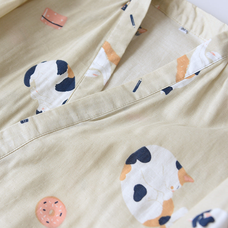 بيجامات كيمونو جديدة على الطراز الياباني مكونة من قطعتين للرجال والنساء من القطن الخالص والشاش اللطيف والقطط الرقيقة خدمة منزلية بمقاسات كبيرة