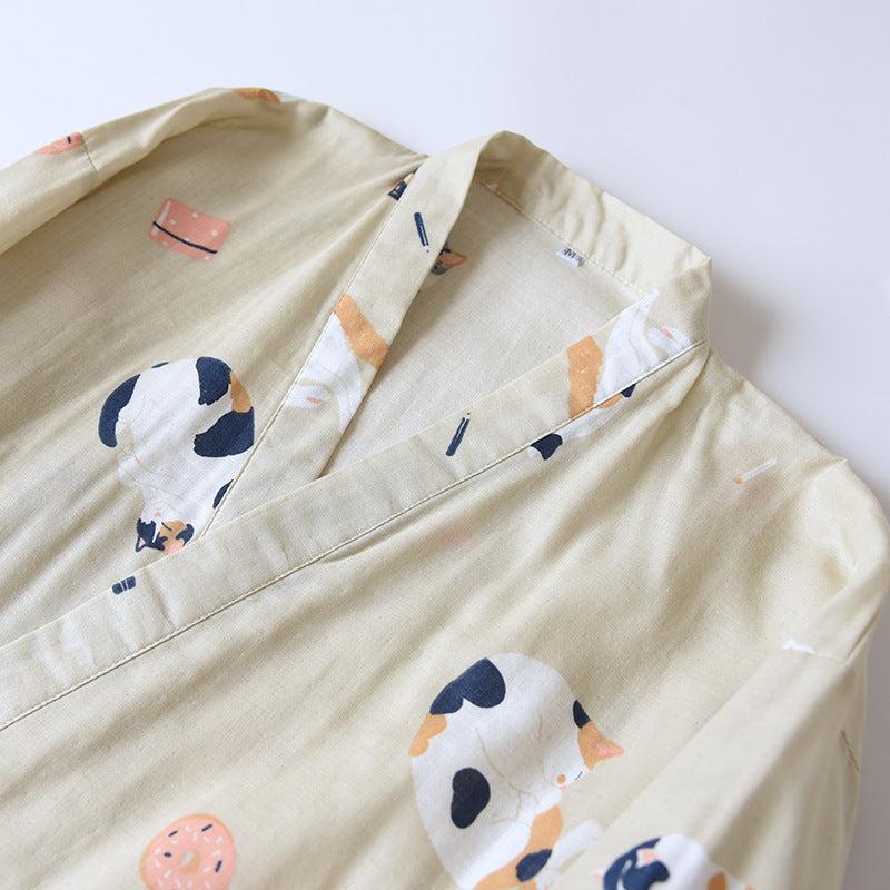 بيجامات كيمونو جديدة على الطراز الياباني مكونة من قطعتين للرجال والنساء من القطن الخالص والشاش اللطيف والقطط الرقيقة خدمة منزلية بمقاسات كبيرة