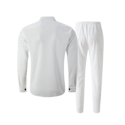 بدلة رجالية جديدة لفصل الخريف، قميص وافل سادة اللون بأكمام طويلة مع كارديجان بجيب، مجموعة ملابس رجالية أنيقة غير رسمية مع بنطلون طويل