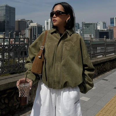 جاكيت بومبر نسائي من HXAO، بأكمام طويلة، وسحاب، من جلد الغزال، جاكيت نسائي قصير من High Street لعام 2025، معاطف، ملابس خارجية