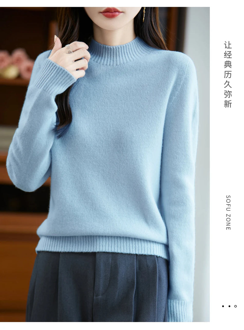 سترة نسائية أساسية للخريف والشتاء أنيقة سميكة من صوف ميرينو 100% محبوكة برقبة وهمية وملابس بأكمام طويلة