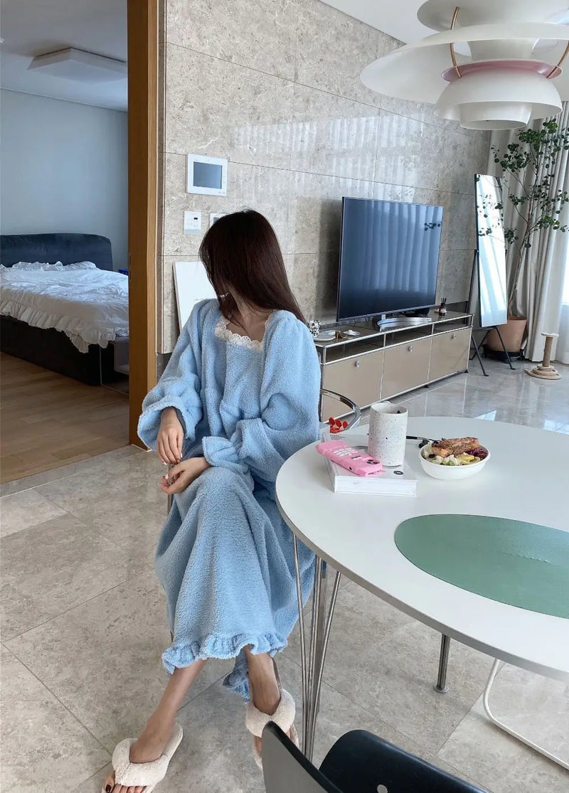 قميص نوم شتوي بأكمام طويلة من الفلانيل للنساء، ملابس نوم فضفاضة سادة، ملابس نوم سميكة ودافئة، ملابس نوم منزلية مريحة