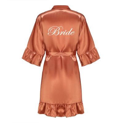 رداء زفاف العروس ووصيفة العروس للنساء هدايا حفلات الزفاف فستان الفريق ثوب حرير ساتان ملابس نوم كيمونو مع كشكشة حرف أبيض