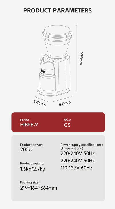 مطحنة قهوة كهربائية أوتوماتيكية من HiBREW مزودة بـ 31 ترسًا لتحضير قهوة الإسبريسو الأمريكية مع خاصية الصب وتخزين حبوب البن G3