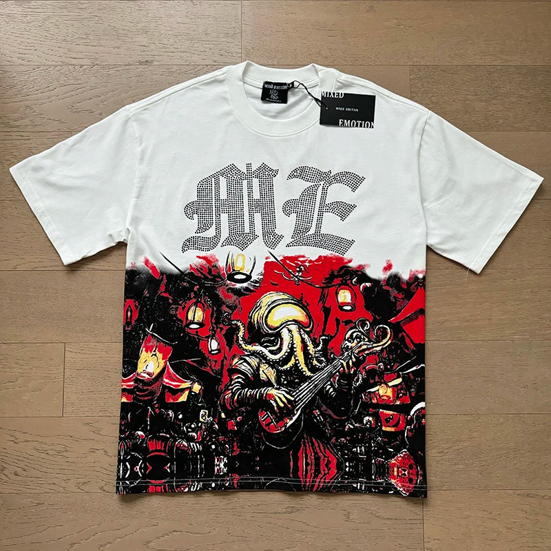 تي شيرت رجالي ونسائي فضفاض كاجوال برقبة دائرية وأكمام قصيرة، مطبوع عليه ملاك من High Street Fashion Hot Drill Streetwear MIXED EMOTION