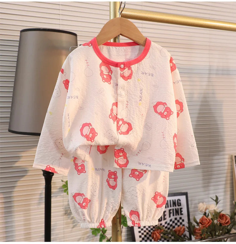 ملابس نوم جديدة للأطفال برسومات كرتونية لطيفة، قطعتين، بيجامات منزلية رقيقة للربيع والصيف للأولاد والبنات، ملابس مكيفة