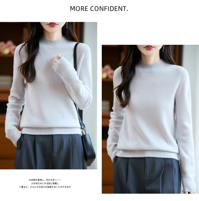 سترة نسائية أساسية للخريف والشتاء أنيقة سميكة من صوف ميرينو 100% محبوكة برقبة وهمية وملابس بأكمام طويلة