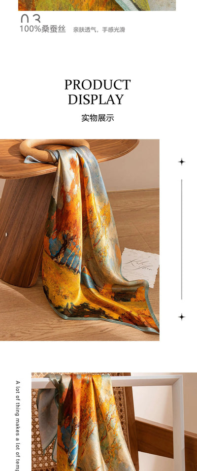 وشاح حريري مربع فاخر مطبوع باللون الأصفر بتصميم ريترو جديد لعام 2025 مصنوع من حرير التوت بنسبة 100% من فور سيزونز