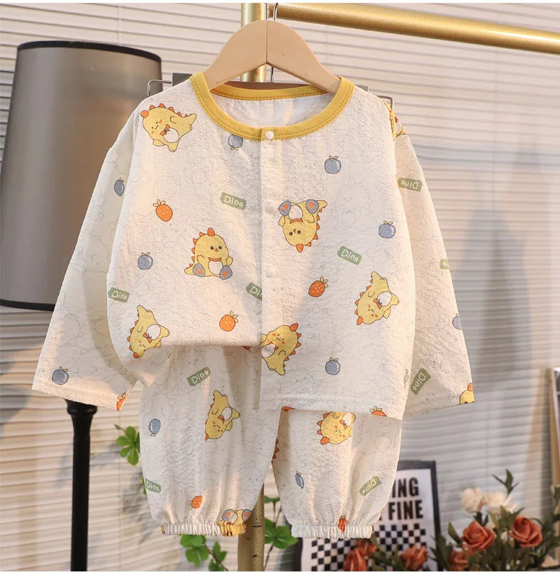 ملابس نوم جديدة للأطفال برسومات كرتونية لطيفة، قطعتين، بيجامات منزلية رقيقة للربيع والصيف للأولاد والبنات، ملابس مكيفة