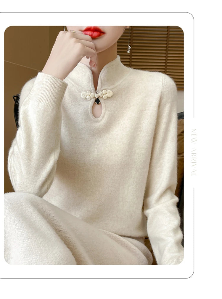 سترة نسائية جديدة محبوكة من الصوف على الطراز الصيني لفصل الخريف والشتاء بياقة واقفة ومزاجية أنيقة ZD-3012