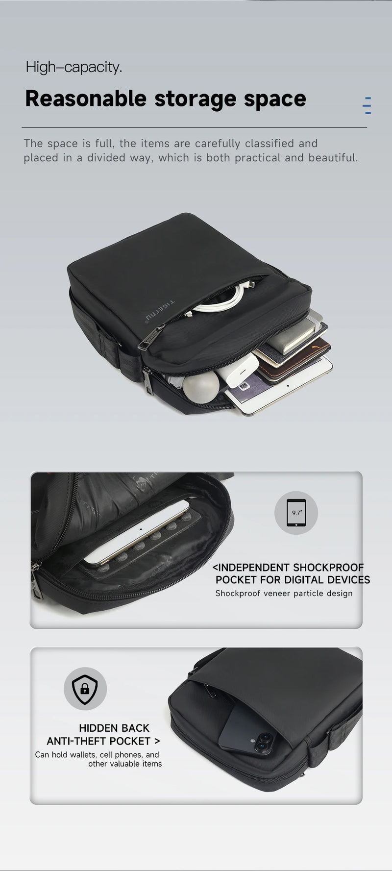 حقائب كتف من Tigernu للرجال، حقائب رسول، حقائب كروسبودي من مادة TPU، حقيبة أنيقة للرجال لأجهزة iPad مقاس 9.7 بوصة، حقيبة سفر صغيرة بحزام