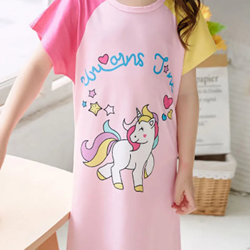 Summer Sleepwear for Girls Short-Sleeve Cartoon Unicorn Dino Nightgown Children Sleeping Clothes for Little Kids Bedtime Dress