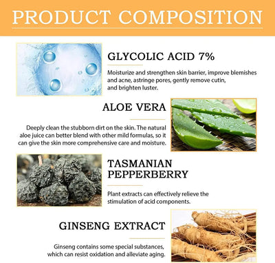 محلول تفتيح البشرة بحمض الجليكوليك 7%، 100 مل، لإزالة حب الشباب وترطيب البشرة وتجديدها